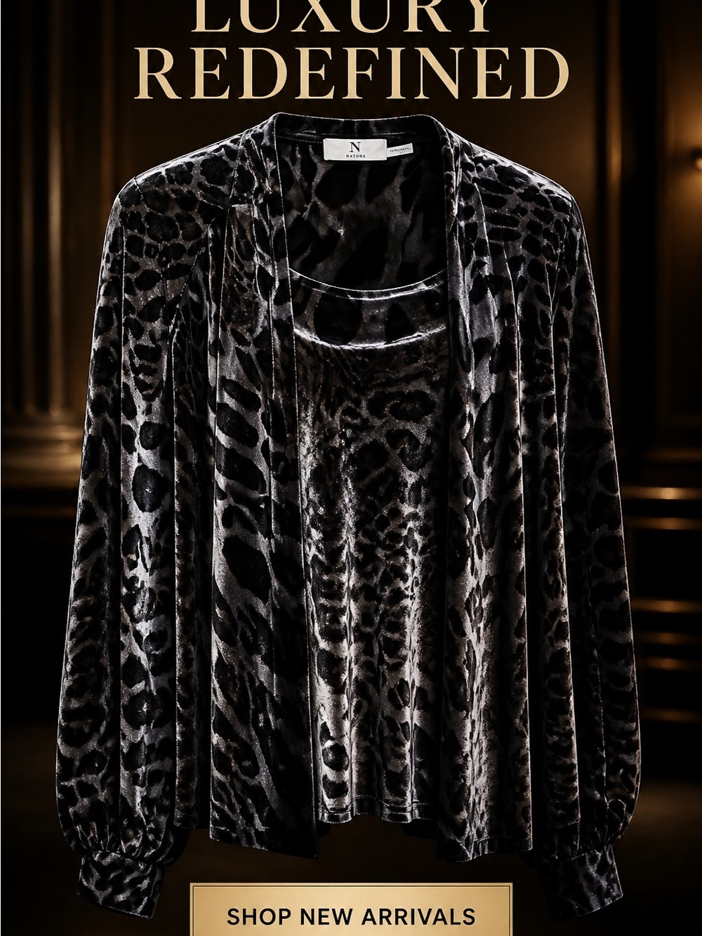 Natori Black Velvet Animal-Print Robe Top